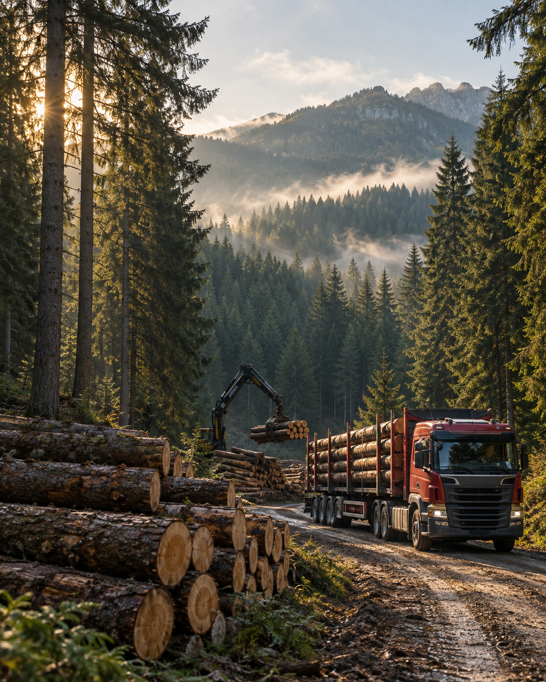 Transport i utovar drveta u planinskoj četinarskoj šumi